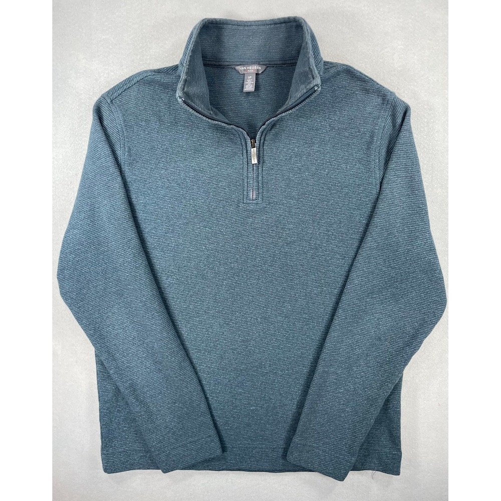 Van Heusen Mens Pullover Quarter Zip Teal Blue Ribbed Knit Small